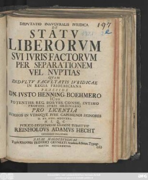 Dispvtatio Inavgvralis Ivridica De Statv Liberorvm Svi Ivris Factorvm Per Separationem Vel Nvptias