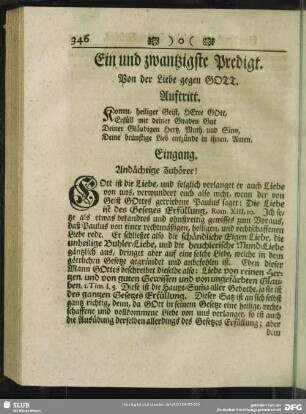 Ein und zwantzigste Predigt. Von der Liebe gegen Gott