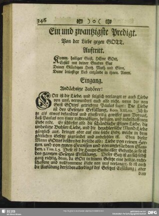 Ein und zwantzigste Predigt. Von der Liebe gegen Gott