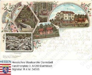 Felsberg im Odenwald, Hotel Felsberg und Einzelansichten / Riesesäule; Altarstein; Badehaus; Felsenmeer