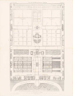 Öffentliches Schlachthaus und Viehmarkt, Budapest: Grundriss (aus: Atlas zur Zeitschrift für Bauwesen, hrsg. v. G. Erbkam, Jg. 25, 1875)