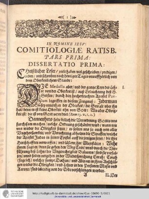 In Nomine Iesv: Comitiologiae Ratisb. Pars Prima: Dissertatio Prima