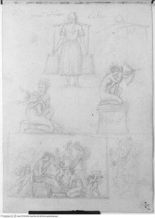 Skizzenbuch, Oben: wassertragende Bäuerin in Vorder- und Rückansicht; Mitte; Venus und Amor; unten: Nymphen beschneiden die Flügel Amors