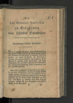An das Altonaer Publikum zu Errichtung einer stehenden Schaubühne.