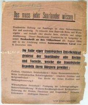 Propagandaflugblatt französischer Provenience zur Saar-Abstimmung