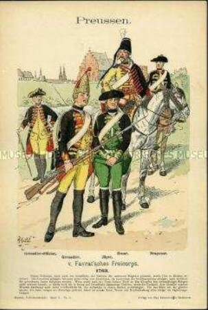Uniformdarstellung, Grenadier-Offizier, Grenadier, Jäger, Husar und Dragoner des Frei-Korps "von Favrat", Königreich Preußen, 1763.