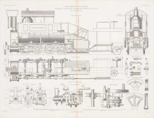 Amerikanische Lokomotiven: Grundriss, Seitenansicht, Rückansicht, Schnitte, Details (aus: Atlas zur Zeitschrift für Bauwesen, hrsg. v. G. Erbkam, Jg. 12, 1862)