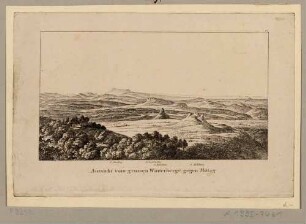 Aussicht vom Großen Winterberg in der Sächsischen Schweiz nach Süden ins Elbtal und auf die Tafelberge, aus Richters 30 An- und Aussichten zum Taschenbuch für die Sächsische Schweiz