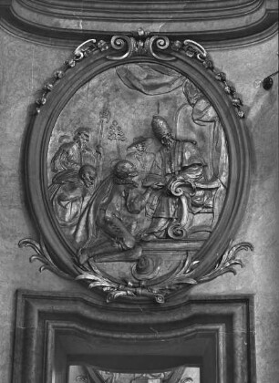 Ein Benediktiner und ein Ritter überreichen dem Past einen Brief