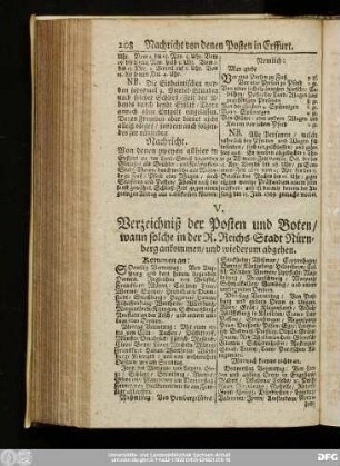 V. Verzeichniß der Posten und Boten, wann solche in der R. Reichs-Stadt Nürnberg ankommen, und wieder abgehen.