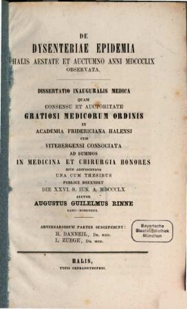 De dysenteriae epidemia Halis aestate et auctumno anni 1859 observata : Diss. inaug. med.