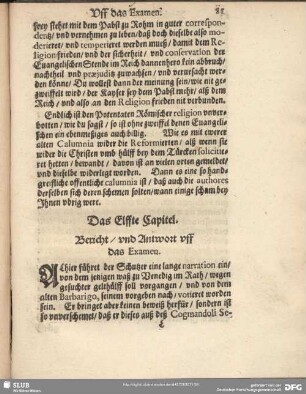 Das Elffte Capitel. Bericht, und Antwort uff das Examen