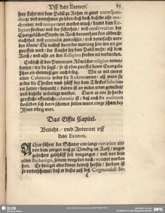 Das Elffte Capitel. Bericht, und Antwort uff das Examen