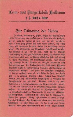 "Zur Düngung der Reben" Informationsblatt der Leim- und Düngerfabrik Heilbronn F. A. Wolff&Söhne