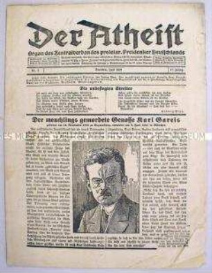 Monatszeitung des Proletarischen Freidenker-Verbandes "Der Atheist" zum Mord an Karl Gareis