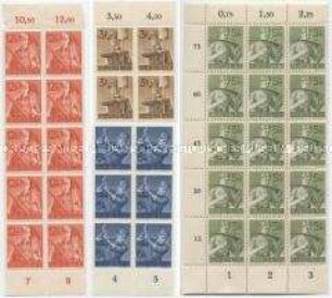 Vier Marken aus einem Briefmarkensatz zum 8. Jahrestag des Reichsarbeitsdienstes in Bogen-Fragmenten mit unterschiedlichen Stückzahlen an Marken