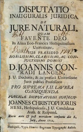 Disputatio Inauguralis Juridica De Jure Naturali