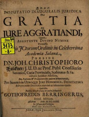 Disp. inaug. iur. de gratia, seu iure aggratiandi