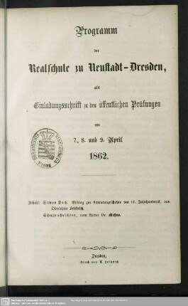 1861/62: Programm der Realschule zu Neustadt-Dresden : als Einladungsschrift zu den öffentlichen Prüfungen am ..