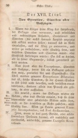 Der XVII. Titul. Von Exception, Einreden oder Außzügen.