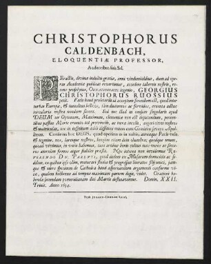 Christophorus Caldenbach, Eloquentiae Professor, Auditoribus suis Sal.