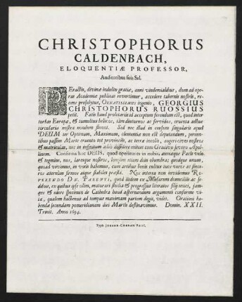 Christophorus Caldenbach, Eloquentiae Professor, Auditoribus suis Sal.