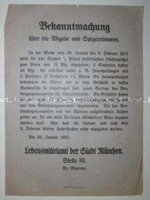 Bekanntmachung zur Rationierung von Spezereiwaren