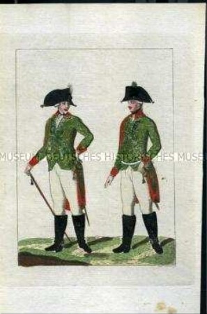 Uniformdarstellung, Offizier und Gemeiner der Jäger-Kompanie, Königreich Preußen, 1789, Tafel aus: Horvath: Preussische Armee-Uniformen unter der Regierung Friedrich Wilhelm II.