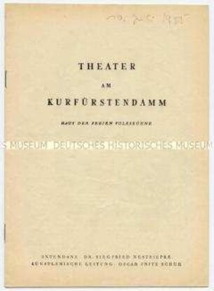 Programm zur Aufführung des Stückes "Die Heiratsvermittlerin" von Thornton Wilder im Theater am Kurfürstendamm