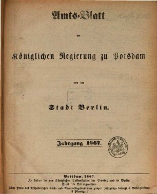 Amtsblatt der Regierung in Potsdam. 1867