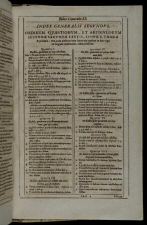 Index Generalis Secundus, Ordinem Quæstionum, Et Articulorum Secundæ Secundæ Partis [...]