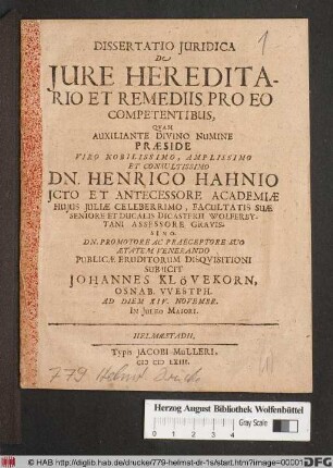 Dissertatio Iuridica De Iure Hereditario Et Remediis Pro Eo Competentibus