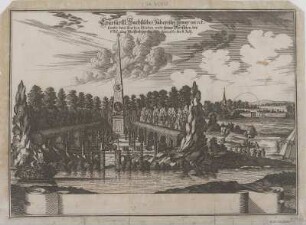 Ansicht des geplanten Feuerwerks an der Festung Pleißenburg in Leipzig 1667, Kupferstich, 1677 : Chufürstl. Sachsisches zubereitetes Fewerwerck sambt dem scheibenschießen undt fewer Mörsselen bey d. Vöstung Pleissenburg : bey tage Anno 1667 den 8. Jully. - [Frankfurt/Main] : [Merian] , [1677]. - 1 Kunstbl. : Kupferst. ; 36 x 25 cm