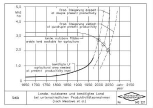 Landw. nutzbares und benötigtes Land bei unterschiedlichen Produktivitätsannahmen (nach MEADOWS et al.)