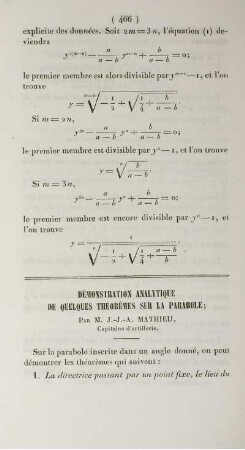 Démonstration analytique de quelques théorèmes sur la parabole.