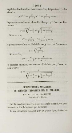 Démonstration analytique de quelques théorèmes sur la parabole.