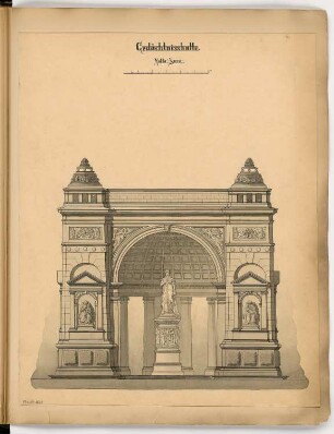 Gedächtnishalle für eine Fürstin Monatskonkurrenz Juni 1886: Aufriss Vorderansicht; Maßstabsleiste