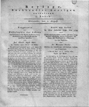 1802-08-04 : Beylage, Buchhändler Anzeigen enthaltend. 5. Stück.