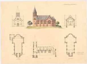 Unzugeordnete Sakralbauten: Grundrisse, Ansichten und Schnitt einer Kirche mit 350 Sitzplätzen 1:200