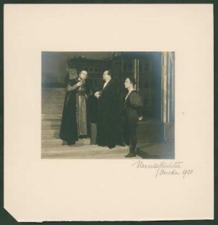 Erich Ponto als Shylock, Willi Kleinoschegg als Antonio und Felix Steinböck als Bassanio in "Der Kaufmann von Venedig" von William Shakespeare. Dresden: Schauspielhaus, Neueinstudierung 15.05.1930