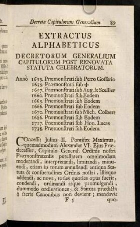 89-134, Extractus Alphabeticus Decretorum Generalium Capitulorum Post Renovata Statuta Celebratorum.