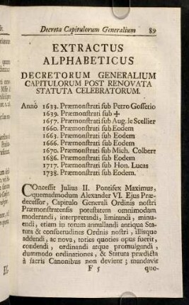89-134, Extractus Alphabeticus Decretorum Generalium Capitulorum Post Renovata Statuta Celebratorum.