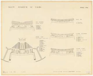 Sportfield Kairo Main Stadium: Ground Floor, First Mezzanine, Press Box, Second Mezzanine, Second Floor, 5 Grundrisse 1:100