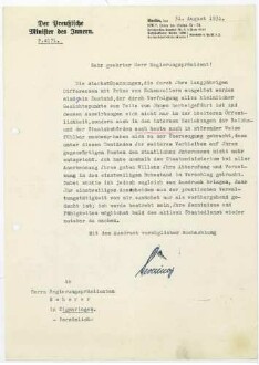 Versetzung Scherers als Regierungspräsident in den einstweiligen Ruhestand auf 30.09.1931, mit Nennung der Gründe