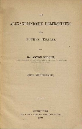 Die Alexandrinische Übersetzung des Buches Jesaias : Eine Rectorsrede
