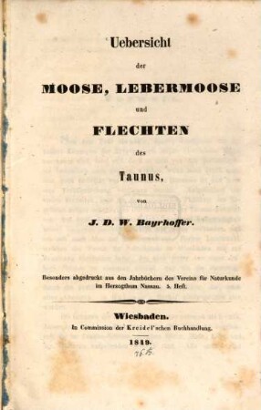 Übersicht der Moose, Lebermoose und Flechten des Taunus