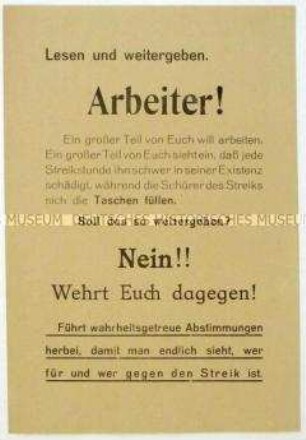Aufruf an Arbeiter zur klaren Positionierung gegenüber einem Streik