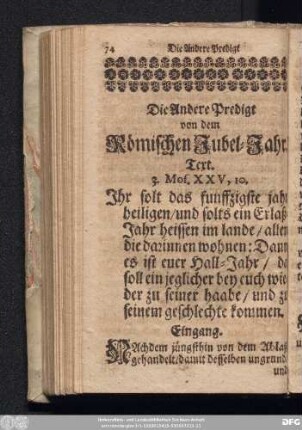 Die Andere Predigt von dem Römischen Jubel-Jahr.