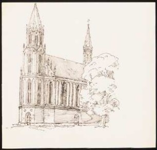 Gotische Kirche mit mittlerem Fassadenturm: Perspektivische Seitenansicht der Hallenkirche