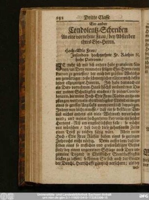 Ein ander Condolentz-Schreiben An eine vornehme Frau, bey Absterben ihres Ehe-Herrn.
